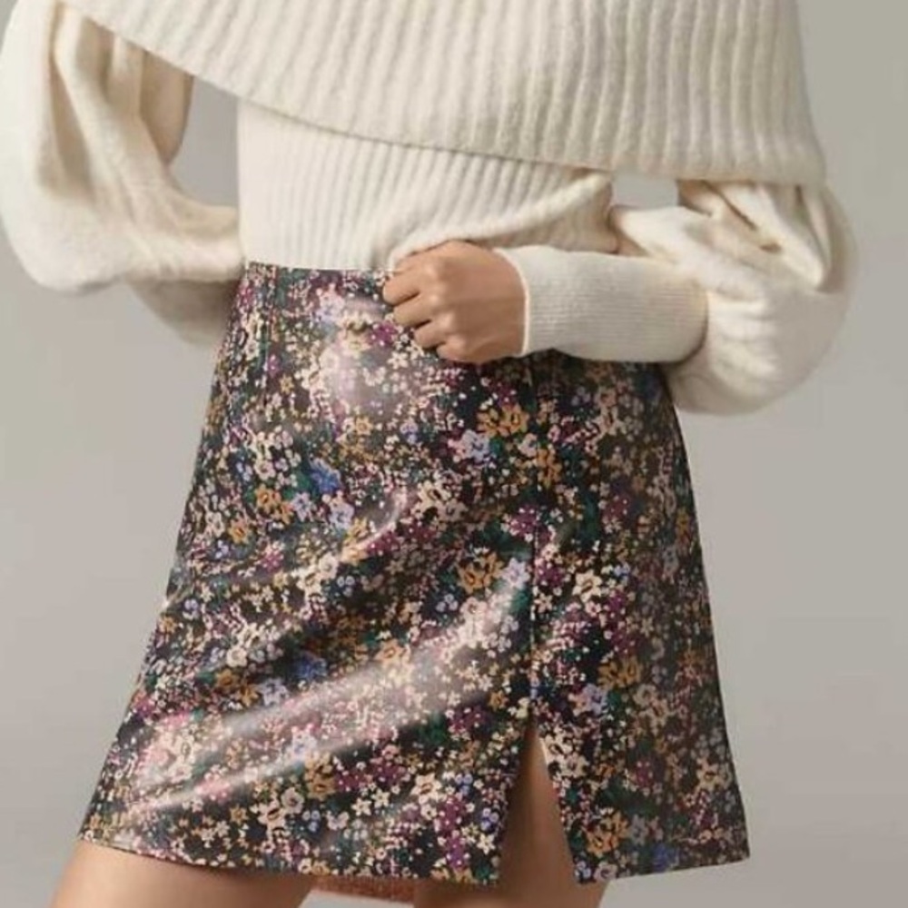 Maeve Faux-Leather Side-Slit Floral Mini Skirt 14